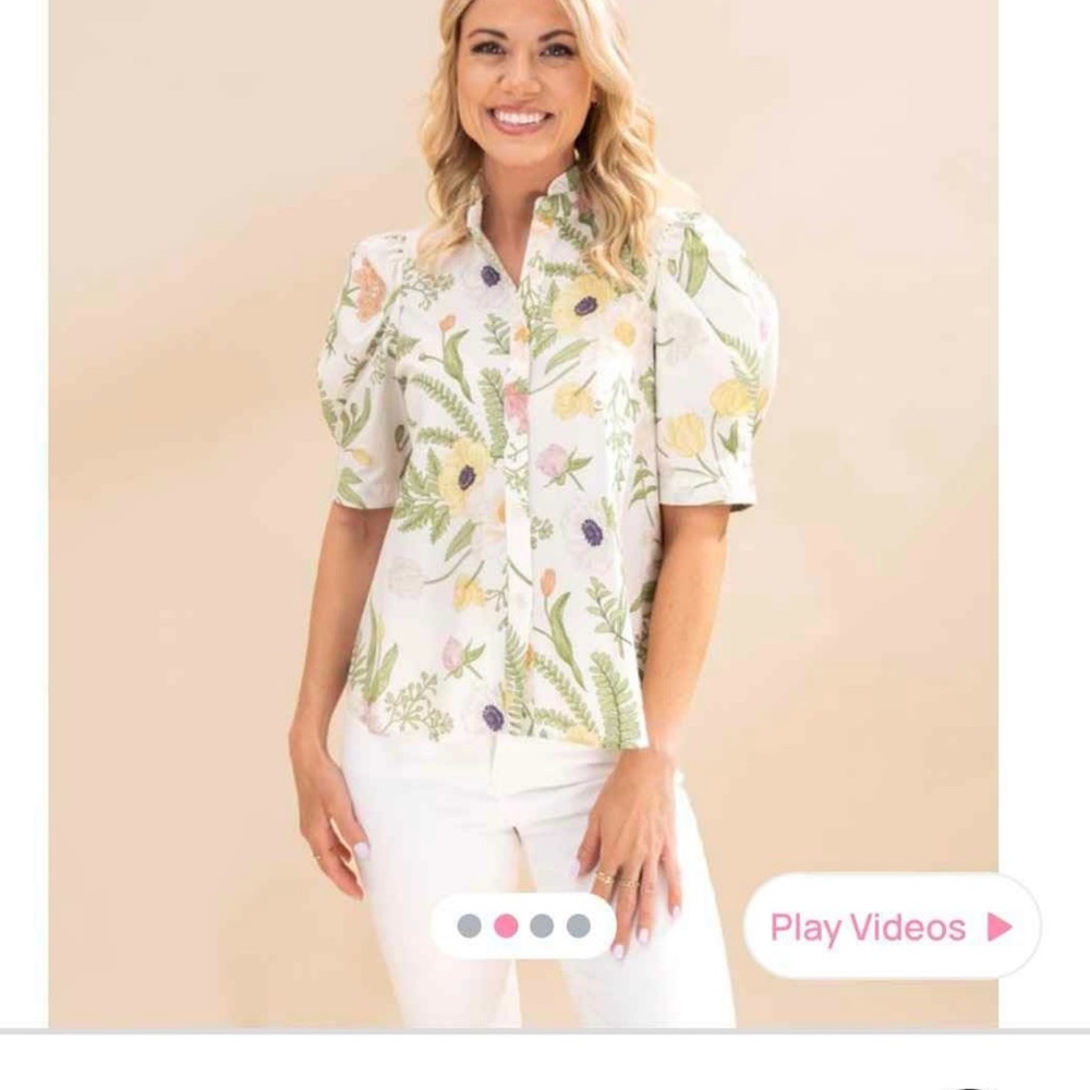 Entro Floral Button Down Shirt with Puff Sleeves